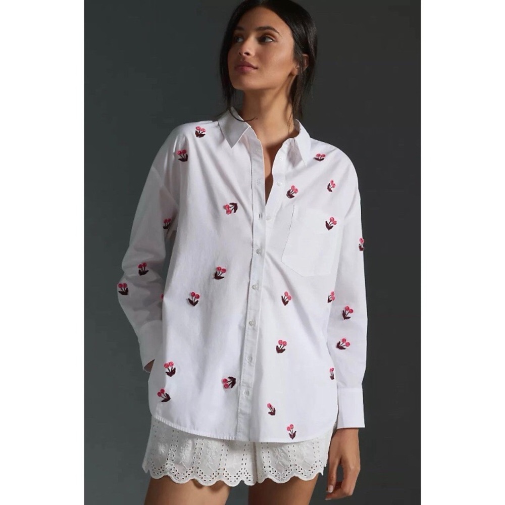 $120 Maeve Anthropologie Bennet Floral Embroidered Button Down White Shirt Sz M
